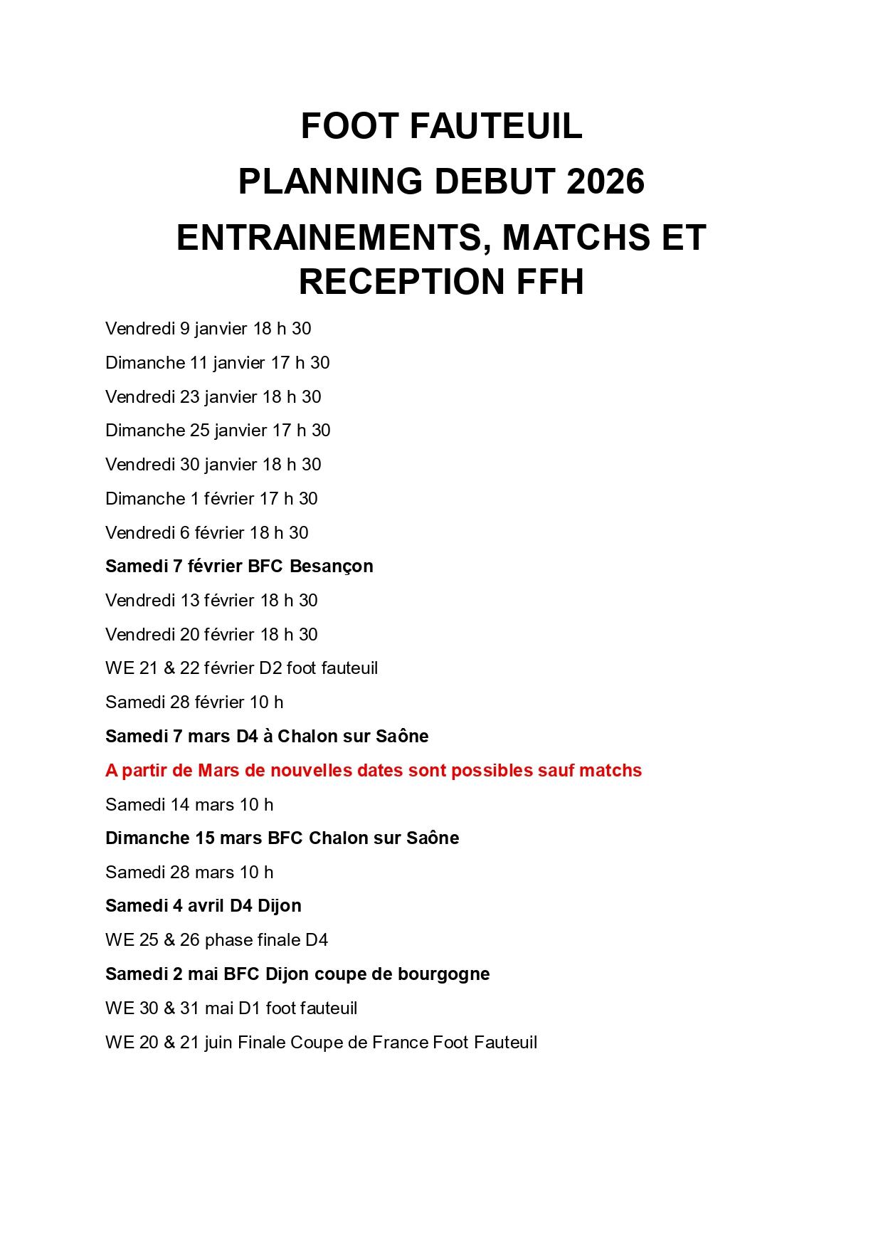 Planning foot fauteuil 2026